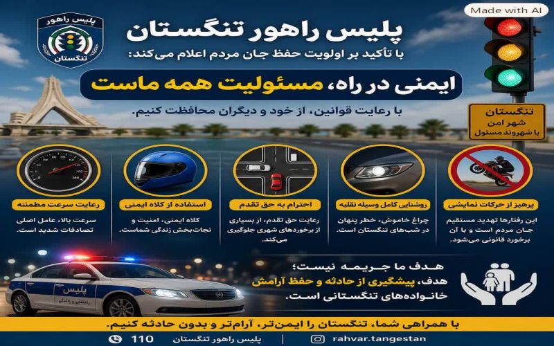 پلیس راهور تنگستان با تأکید بر اولویت حفظ جان مردم اعلام میکند: ایمنی در معابر شهری و روستایی تنها با همراهی و مسئولیتپذیری شهروندان محقق میشود.