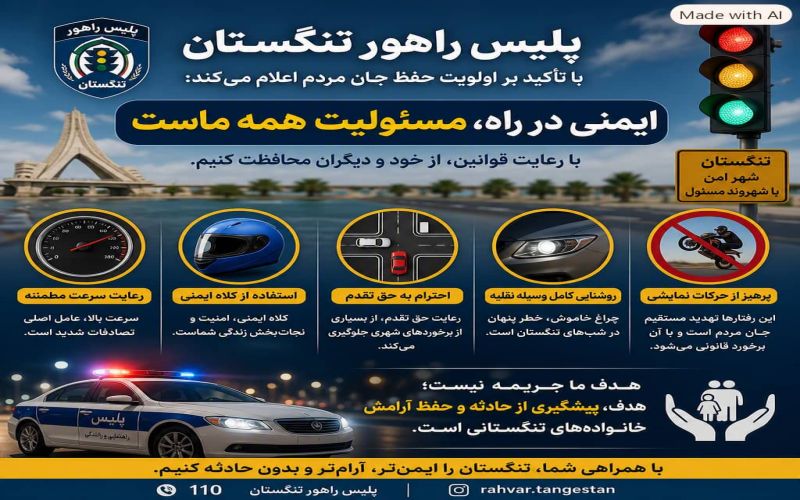 «پلیس راهور تنگستان با تأکید بر اولویت حفظ جان مردم اعلام میکند