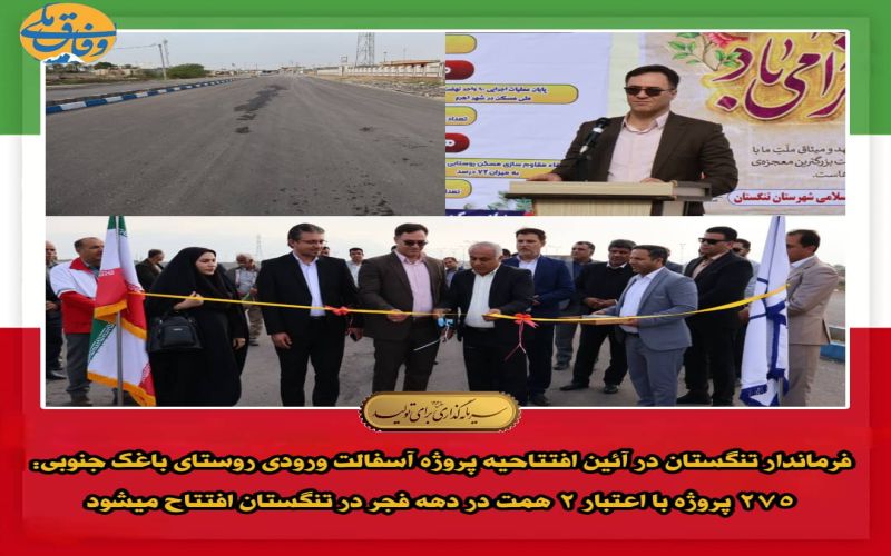 فرماندار تنگستان در آئین افتتاحیه پروژه آسفالت ورودی روستای باغک جنوبی: ۲۷۵ پروژه با اعتبار ۲ همت در دهه فجر در تنگستان افتتاح میشود